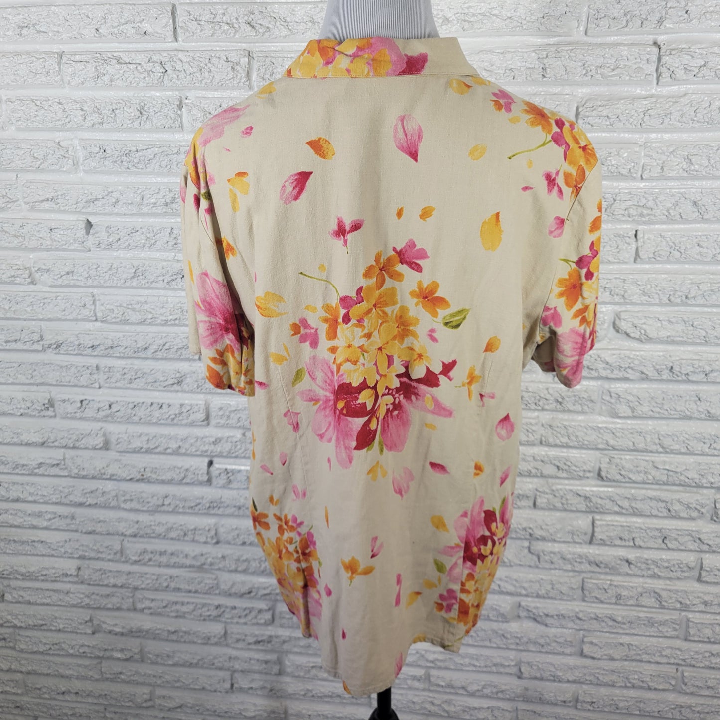 Liz Claiborne XL Womens Top Linen Blend Floral Button Up Short Sleeve FLO227E