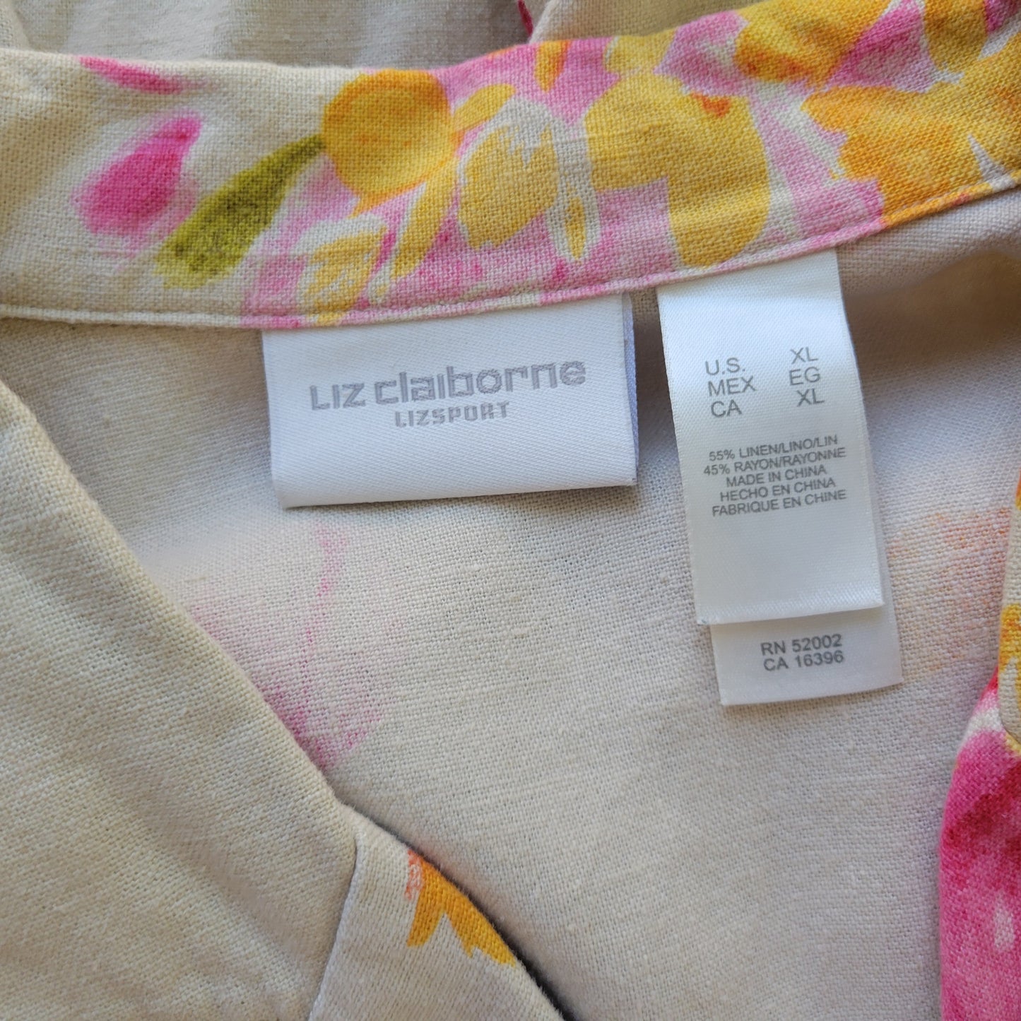 Liz Claiborne XL Womens Top Linen Blend Floral Button Up Short Sleeve FLO227E