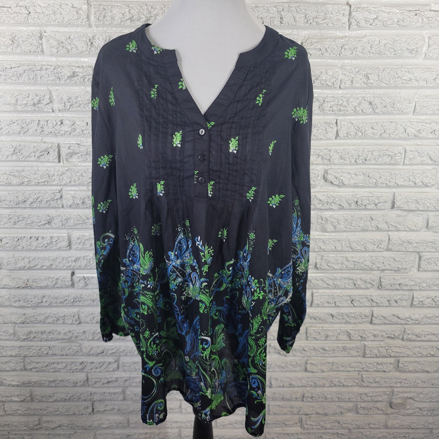 Collections Etc XXL Womens Black Green Paisley Pintuck Cotton Tunic PAI13E