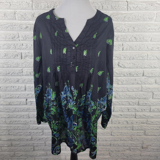 Collections Etc XXL Womens Black Green Paisley Pintuck Cotton Tunic PAI13E