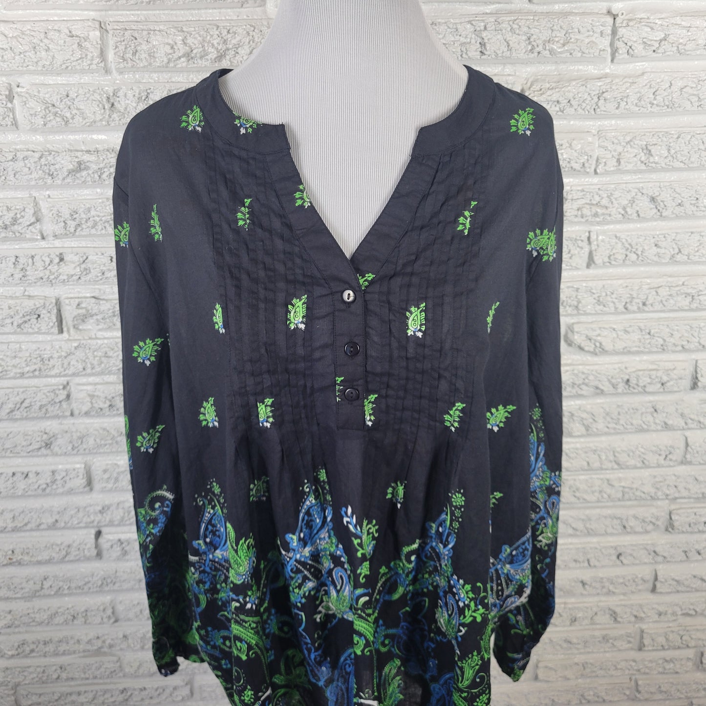 Collections Etc XXL Womens Black Green Paisley Pintuck Cotton Tunic PAI13E