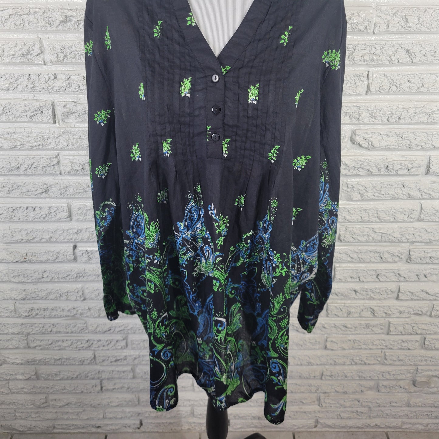Collections Etc XXL Womens Black Green Paisley Pintuck Cotton Tunic PAI13E