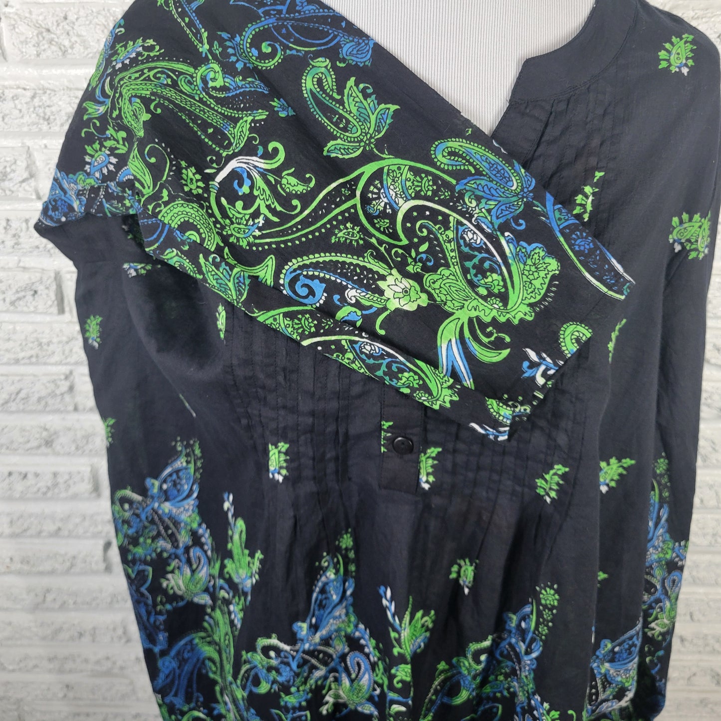 Collections Etc XXL Womens Black Green Paisley Pintuck Cotton Tunic PAI13E