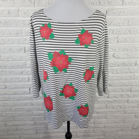 Ruby Rd XL Womens Christmas Poinsettia Floral 3/4 Sleeve Cotton Top FLO222E
