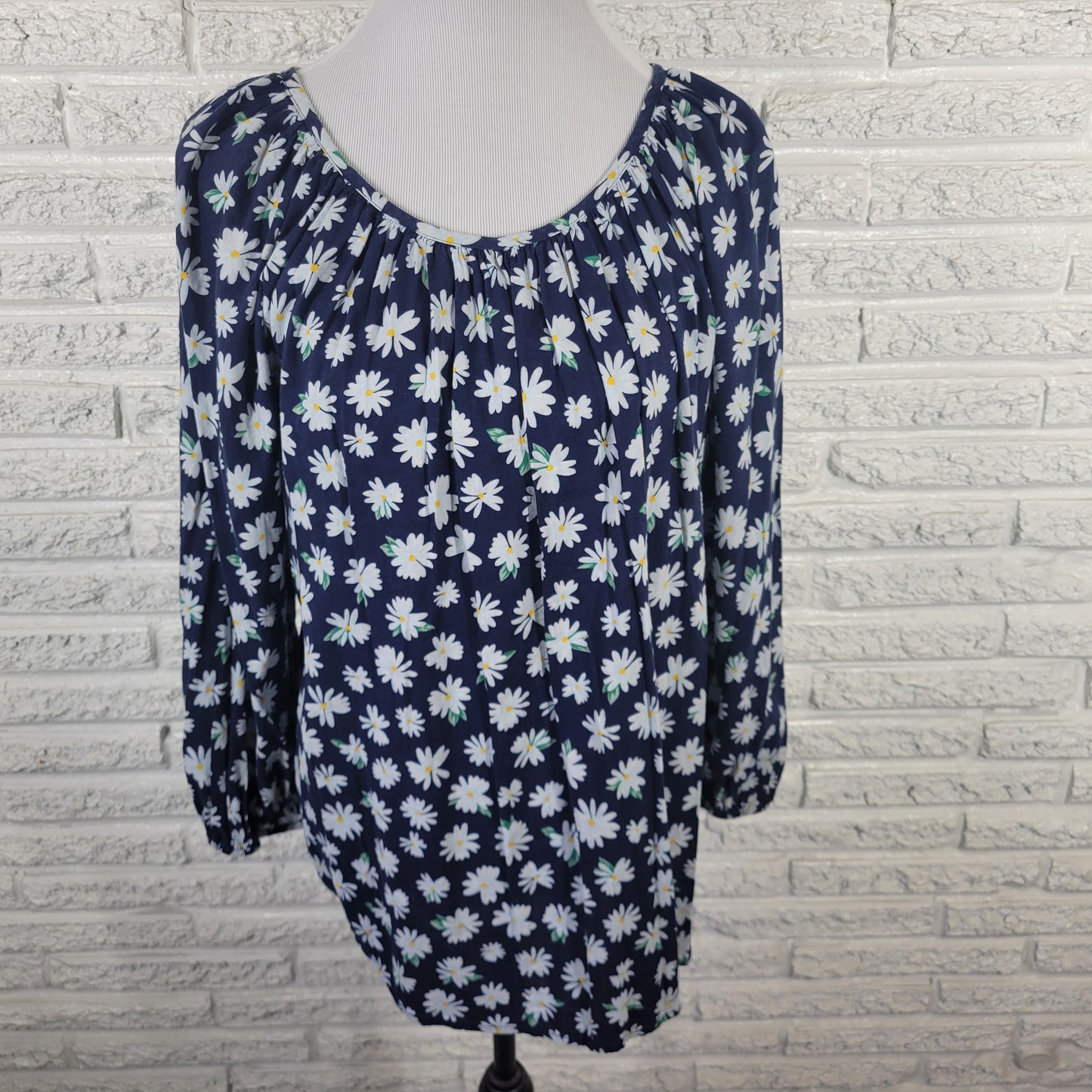 Old Navy XL Womens Cotton Blend Blue White Daisy Floral Long Sleeve FLO144E