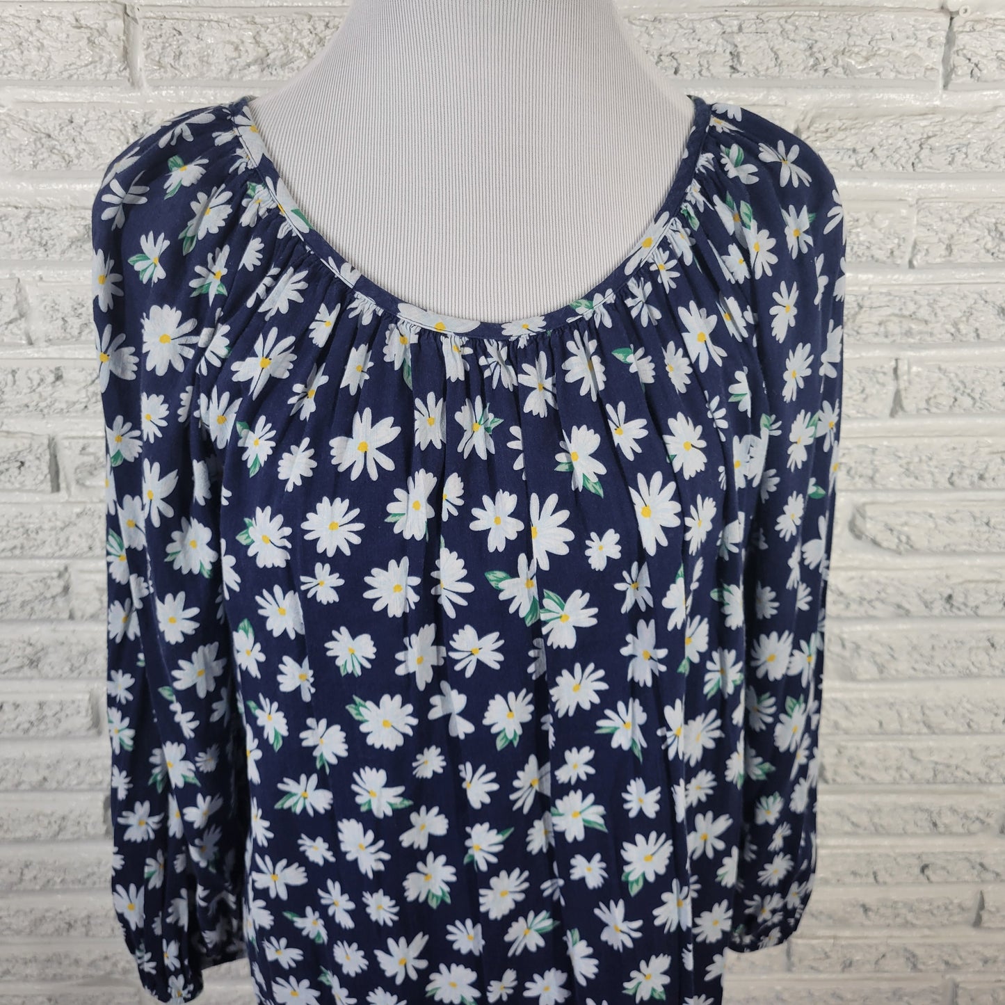 Old Navy XL Womens Cotton Blend Blue White Daisy Floral Long Sleeve FLO144E