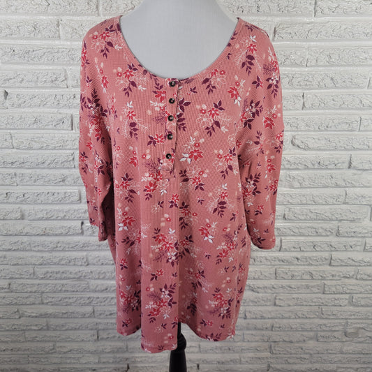 Woman Within Womens Top 1X Tunic Waffle Knit Pink Floral Buttons FLO126E