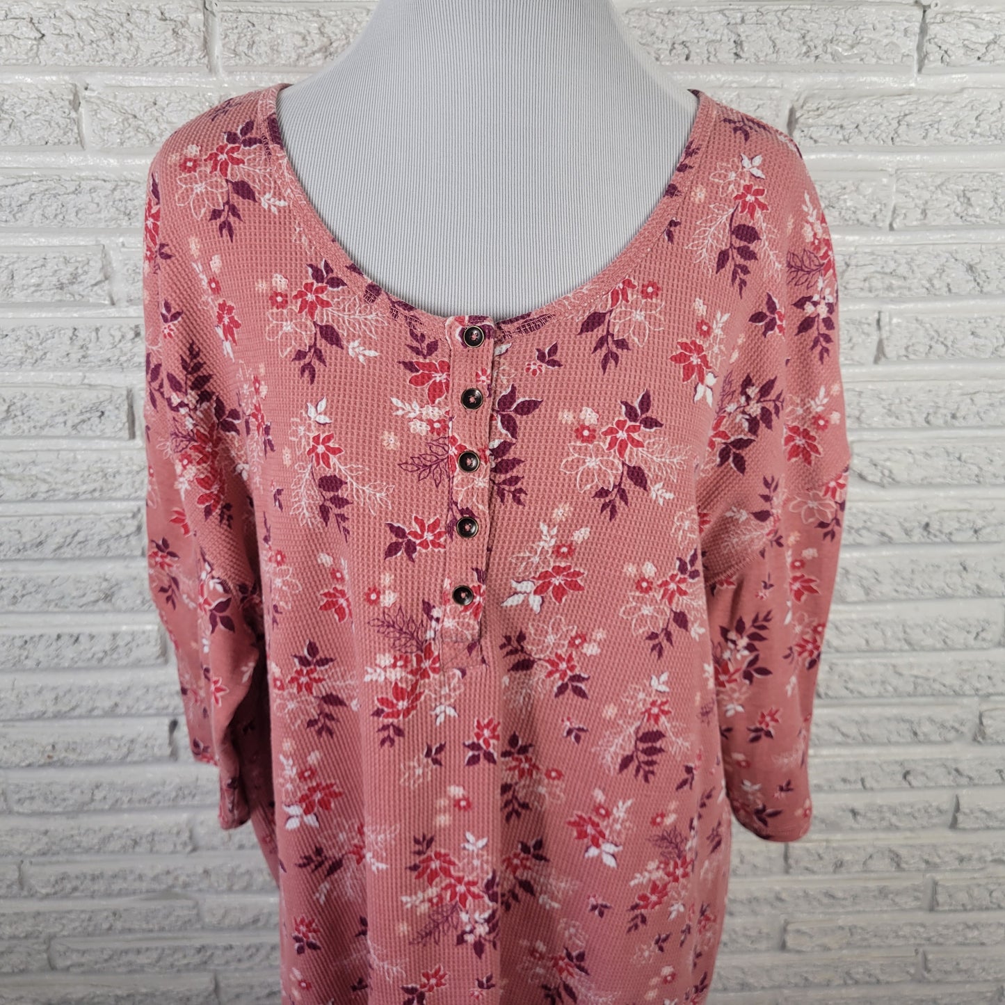 Woman Within Womens Top 1X Tunic Waffle Knit Pink Floral Buttons FLO126E
