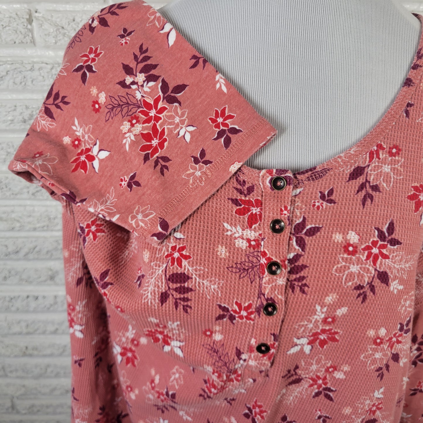Woman Within Womens Top 1X Tunic Waffle Knit Pink Floral Buttons FLO126E