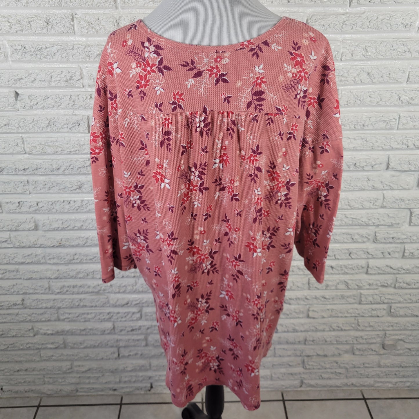 Woman Within Womens Top 1X Tunic Waffle Knit Pink Floral Buttons FLO126E