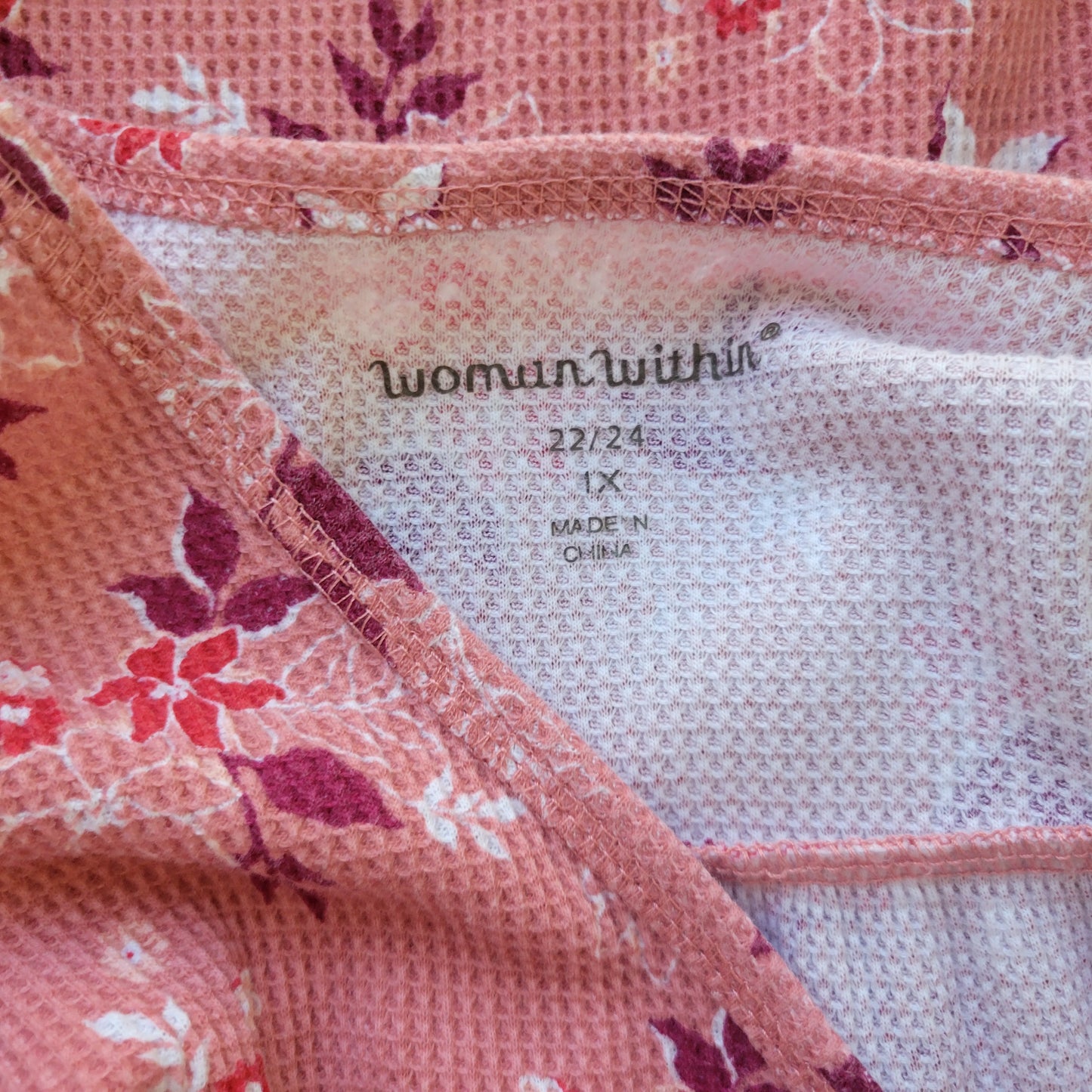 Woman Within Womens Top 1X Tunic Waffle Knit Pink Floral Buttons FLO126E