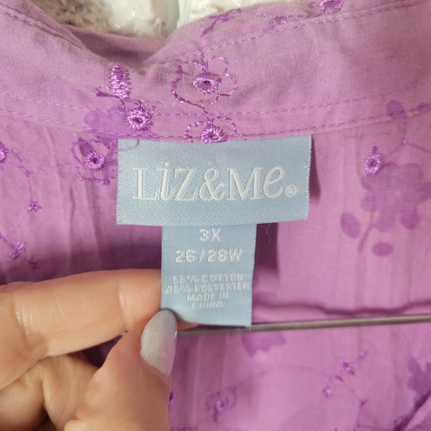 Liz & Me 3X 26W 28W Plus Size Lavender Floral Eyelet 3/4 Sleeve Top Clasp FLO63E