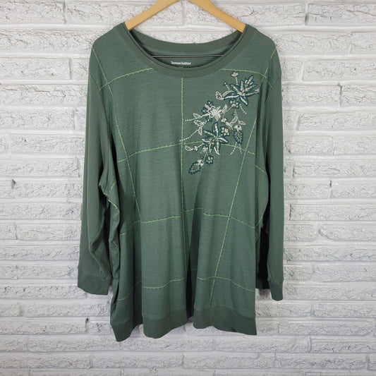 Woman Within 3X Plus Size Sweatshirt Green Floral Embroidered Crew Neck GRE51E