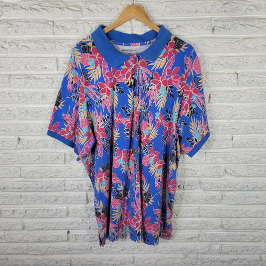 Woman Within 3X Women's Polo Shirt Blue Pink Floral Cotton Blend FLO297E