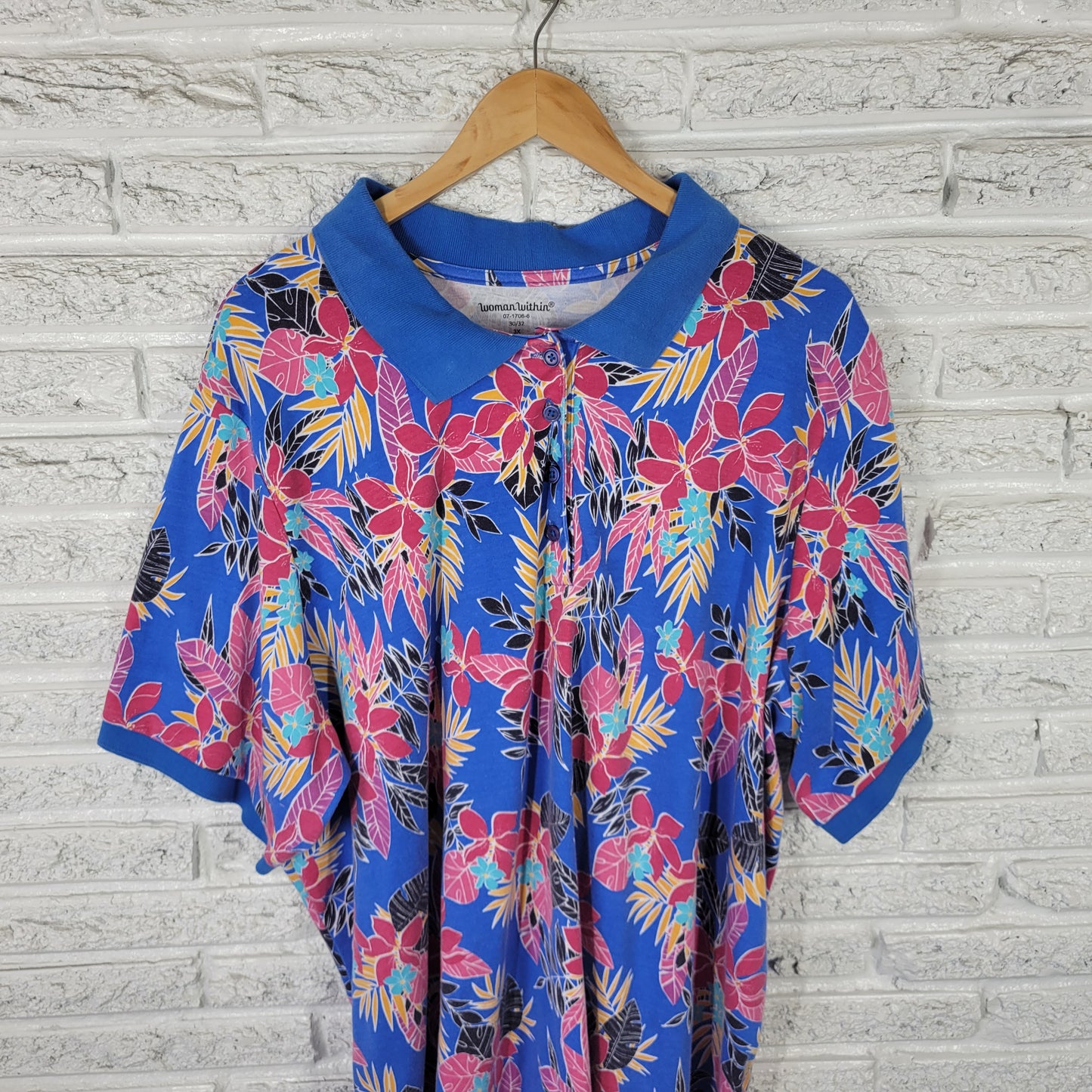 Woman Within 3X Women's Polo Shirt Blue Pink Floral Cotton Blend FLO297E