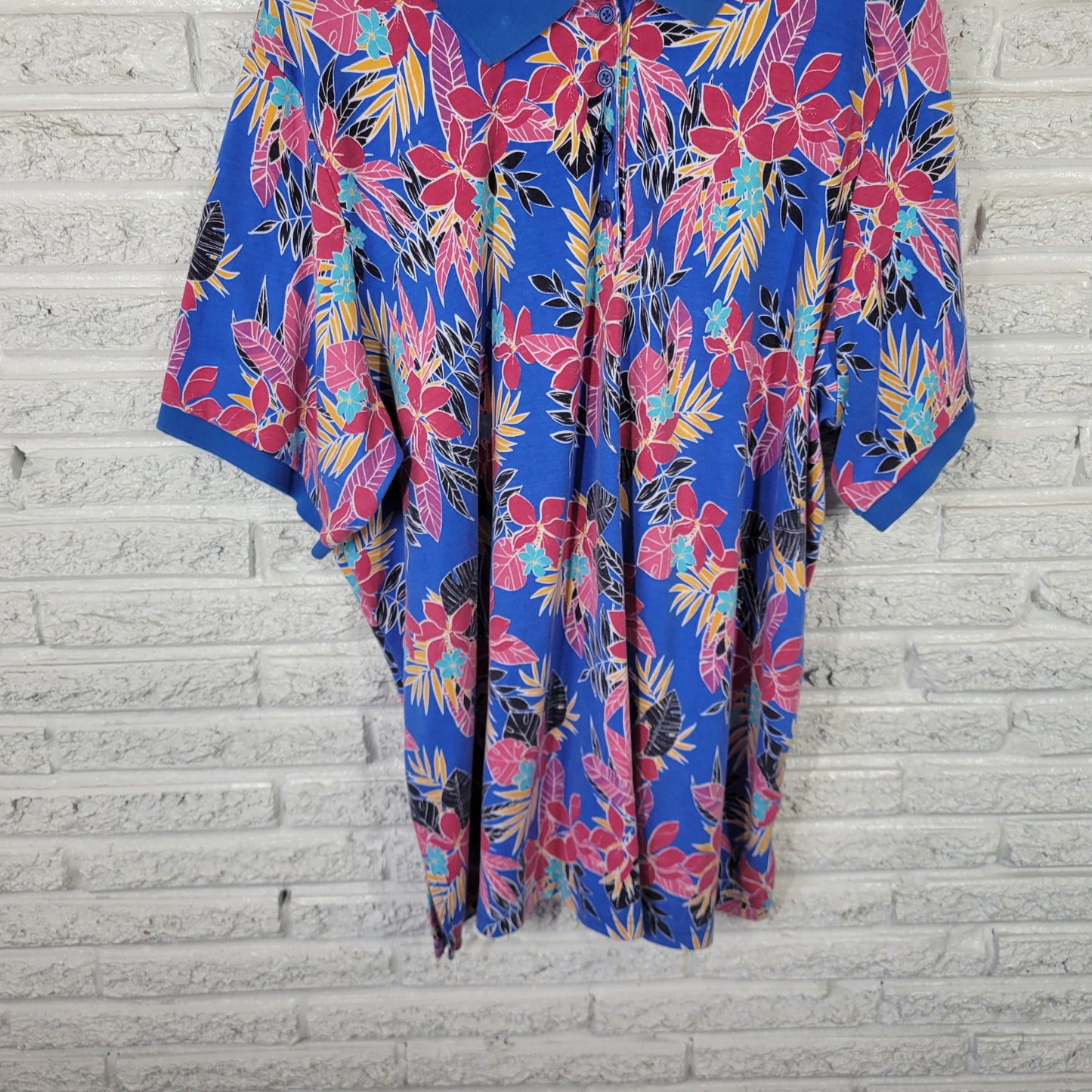 Woman Within 3X Women's Polo Shirt Blue Pink Floral Cotton Blend FLO297E