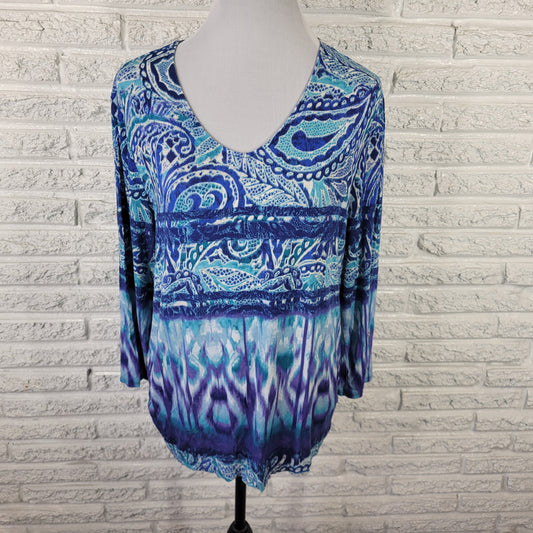Chico's Women's XL Top Blue White Paisley V-Neck Long Sleeve Stretch PAI18E