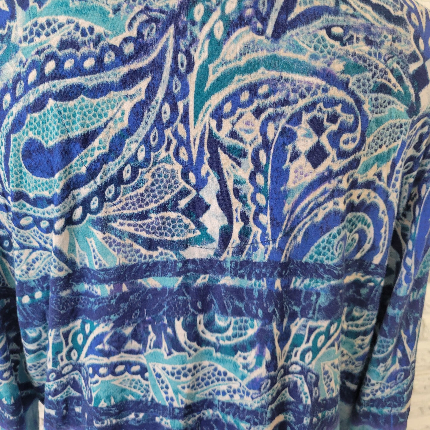 Chico's Women's XL Top Blue White Paisley V-Neck Long Sleeve Stretch PAI18E