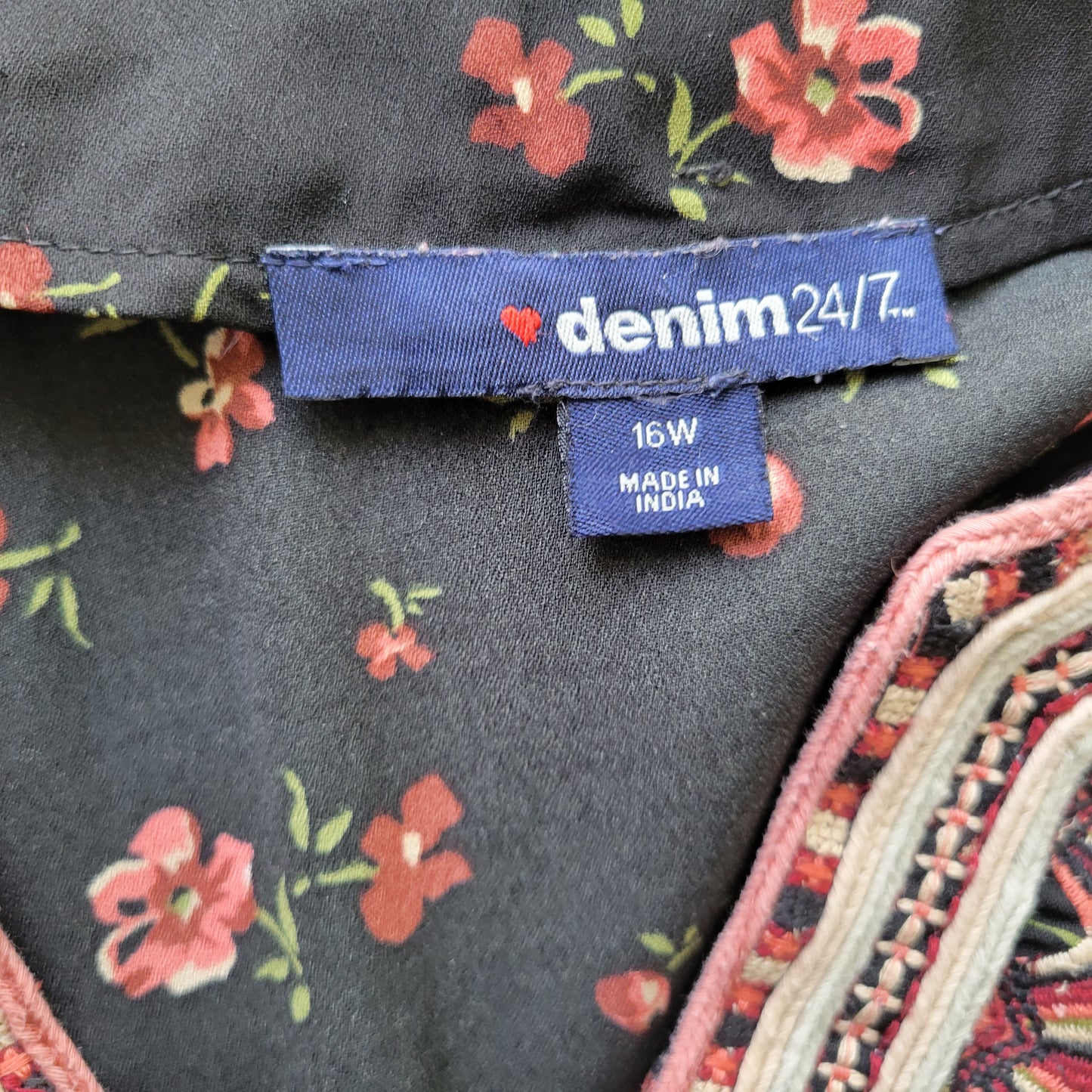 Denim 24/7 16W Tunic Top Black Brown Floral Embroidered V-Neck Polyester FLO103E