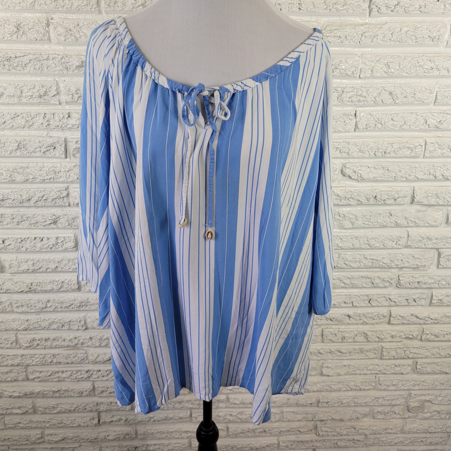 Woman Within 2X Plus Tunic Blue White Striped Rayon 3/4 Sleeve Boat Neck STR135E