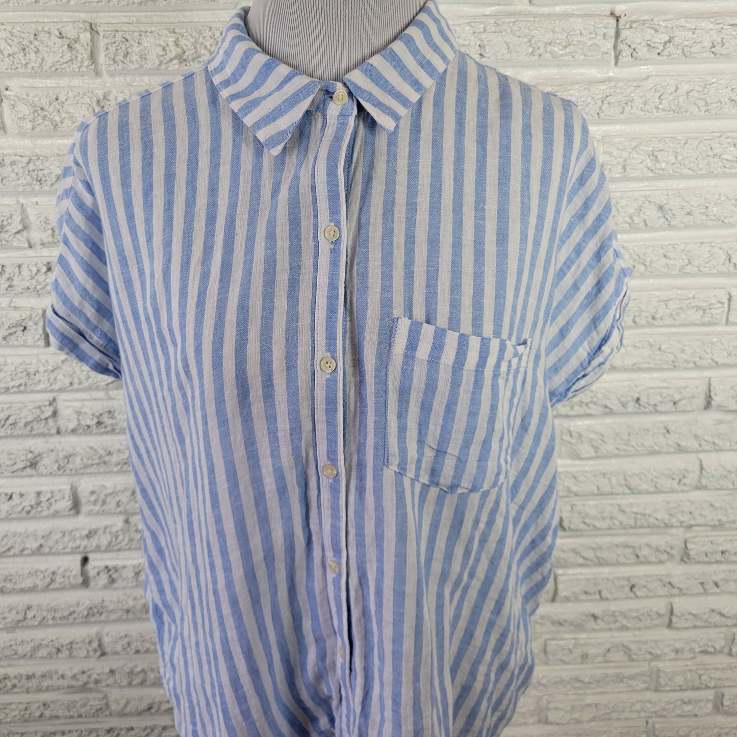 Old Navy XL Women's Top Linen Cotton Blend Blue White Striped STR122E