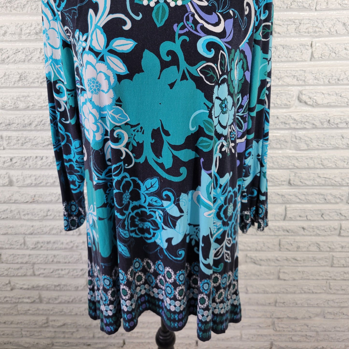 Ruby Rd 1X Women's Tunic Top Blue Floral Shark Bite Asymmetric Beaded FLO307E