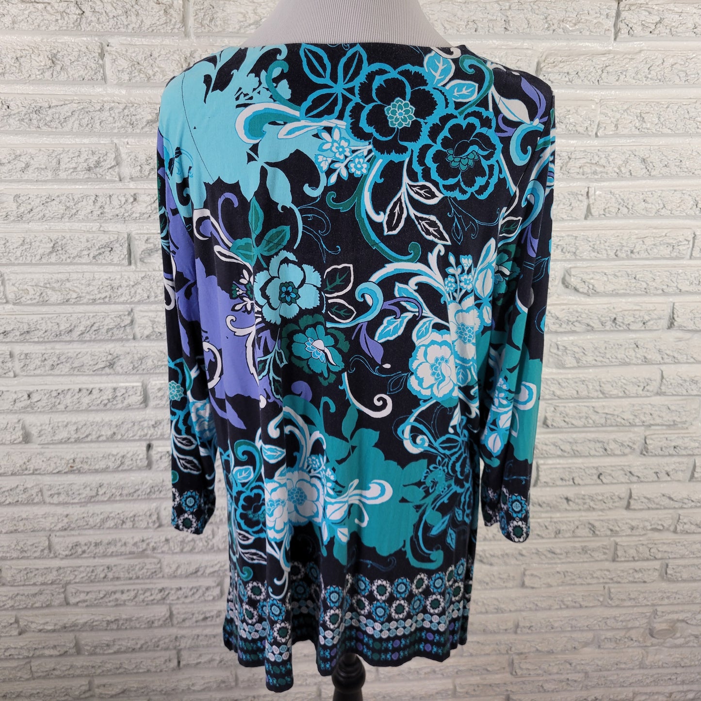 Ruby Rd 1X Women's Tunic Top Blue Floral Shark Bite Asymmetric Beaded FLO307E
