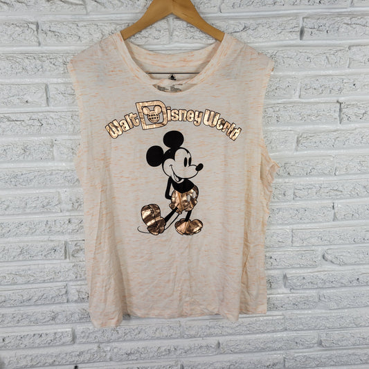 Disney Womens Mickey Mouse Tee XL Orange Heather Foil Print Sleeveless NOV140E
