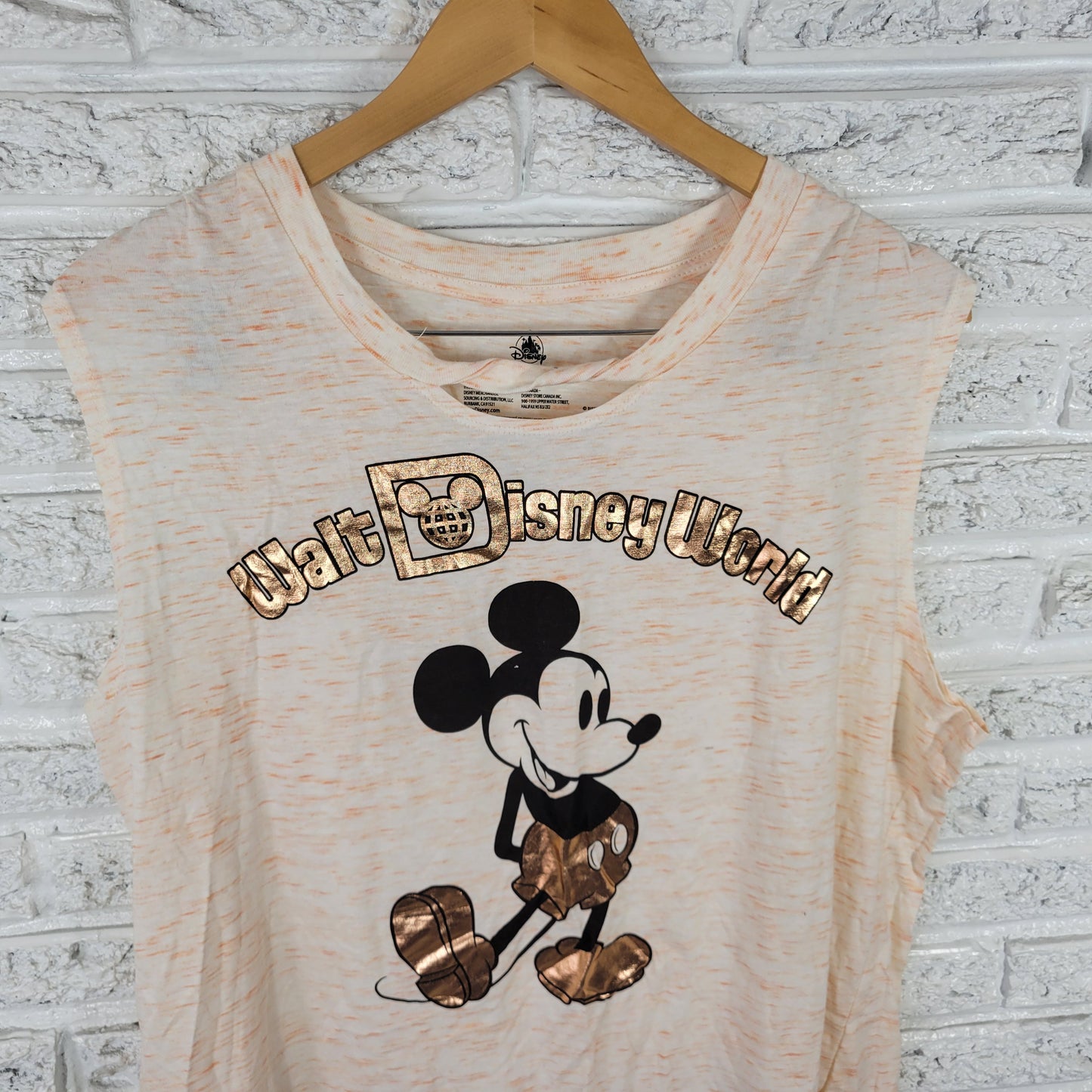 Disney Womens Mickey Mouse Tee XL Orange Heather Foil Print Sleeveless NOV140E