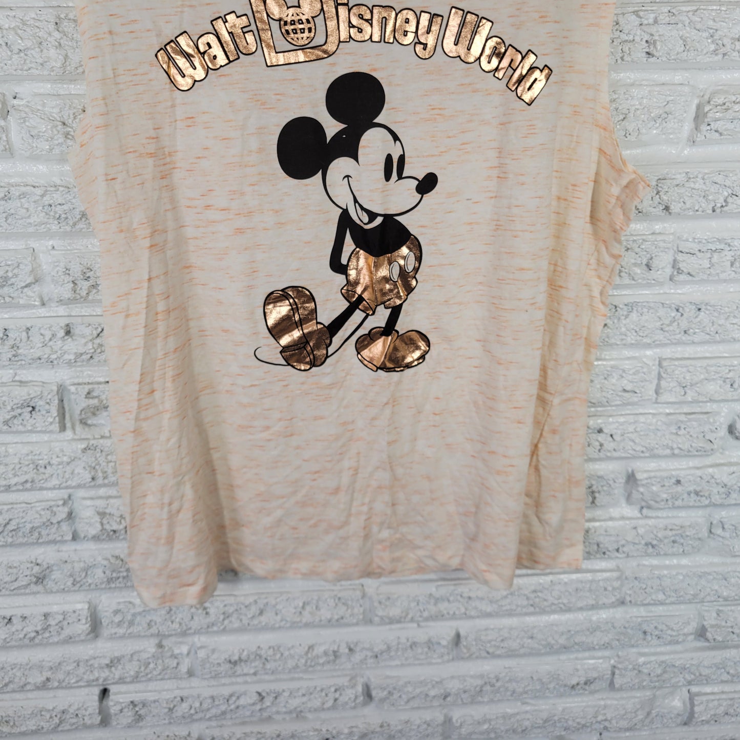 Disney Womens Mickey Mouse Tee XL Orange Heather Foil Print Sleeveless NOV140E
