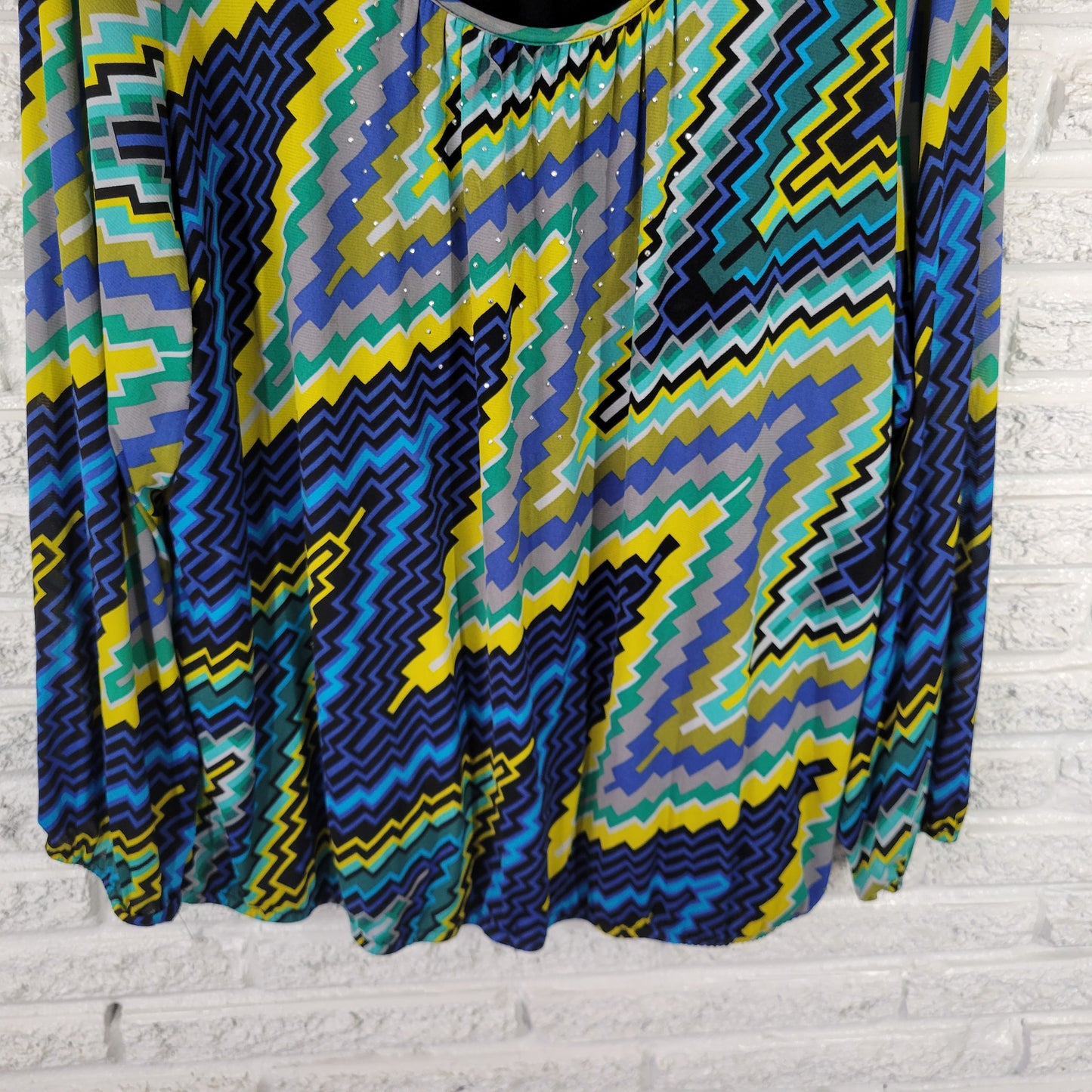 Style & Co Women's Top 3X Blue Yellow Geometric Studded Long Sleeve GEO71E