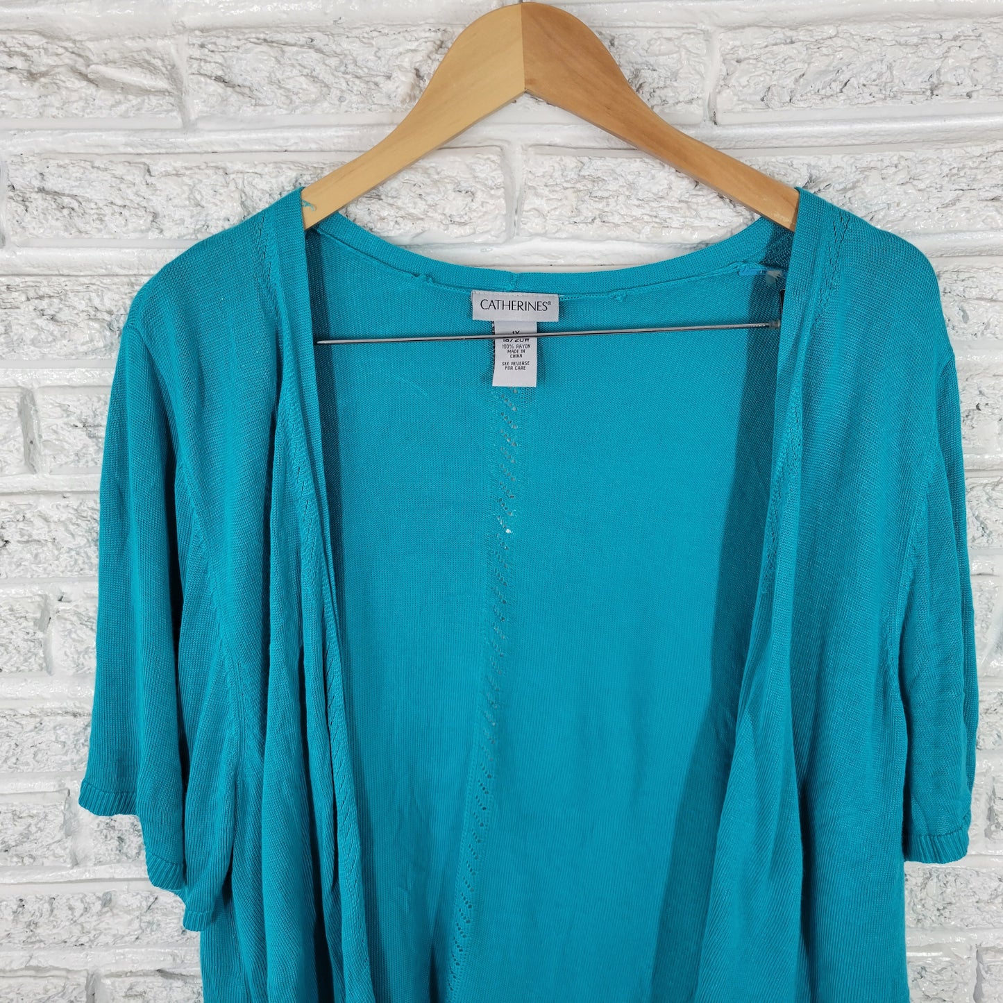 Catherines Womens 1X Plus Blue Cropped Cardigan Open Front Short Sleeve BLU293E