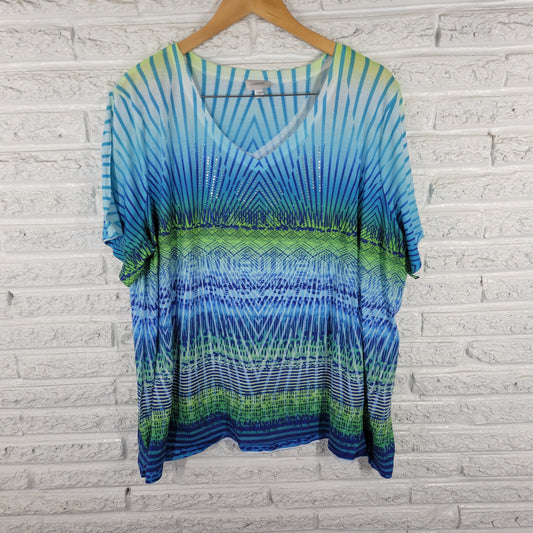 Avenue Women's 26/28 Tee Blue Green Geometric Studded V-Neck Stretch GEO237E
