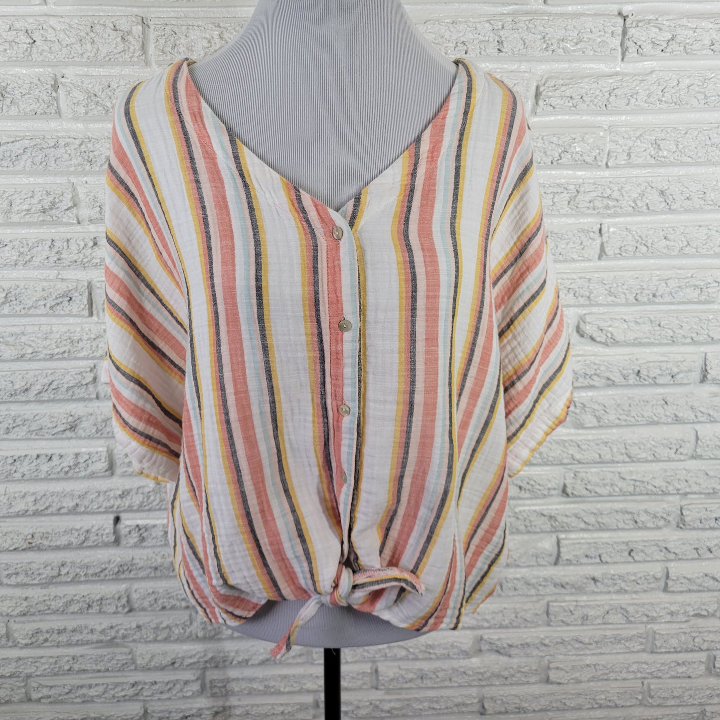 Style & Co Womens 2X Top Crop Striped Cotton Button Up V-Neck Shirt STR162E