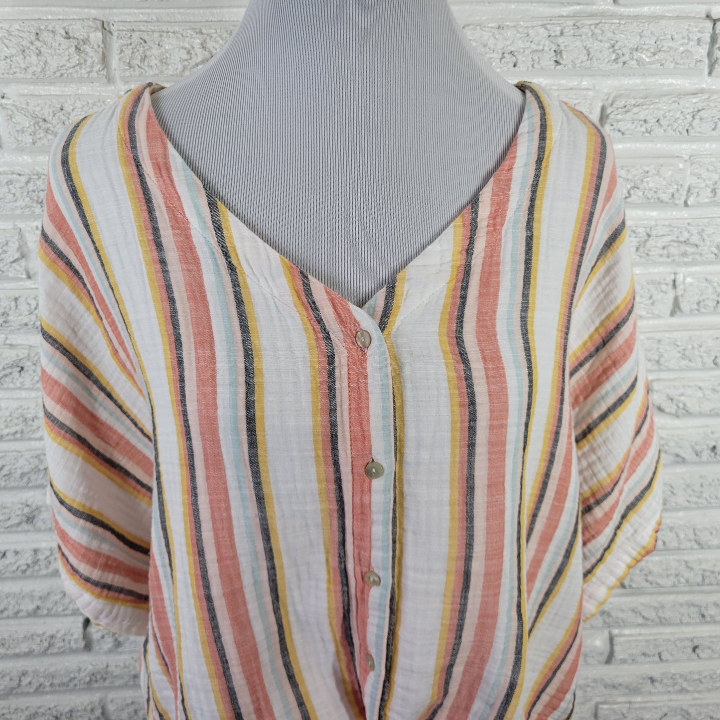 Style & Co Womens 2X Top Crop Striped Cotton Button Up V-Neck Shirt STR162E