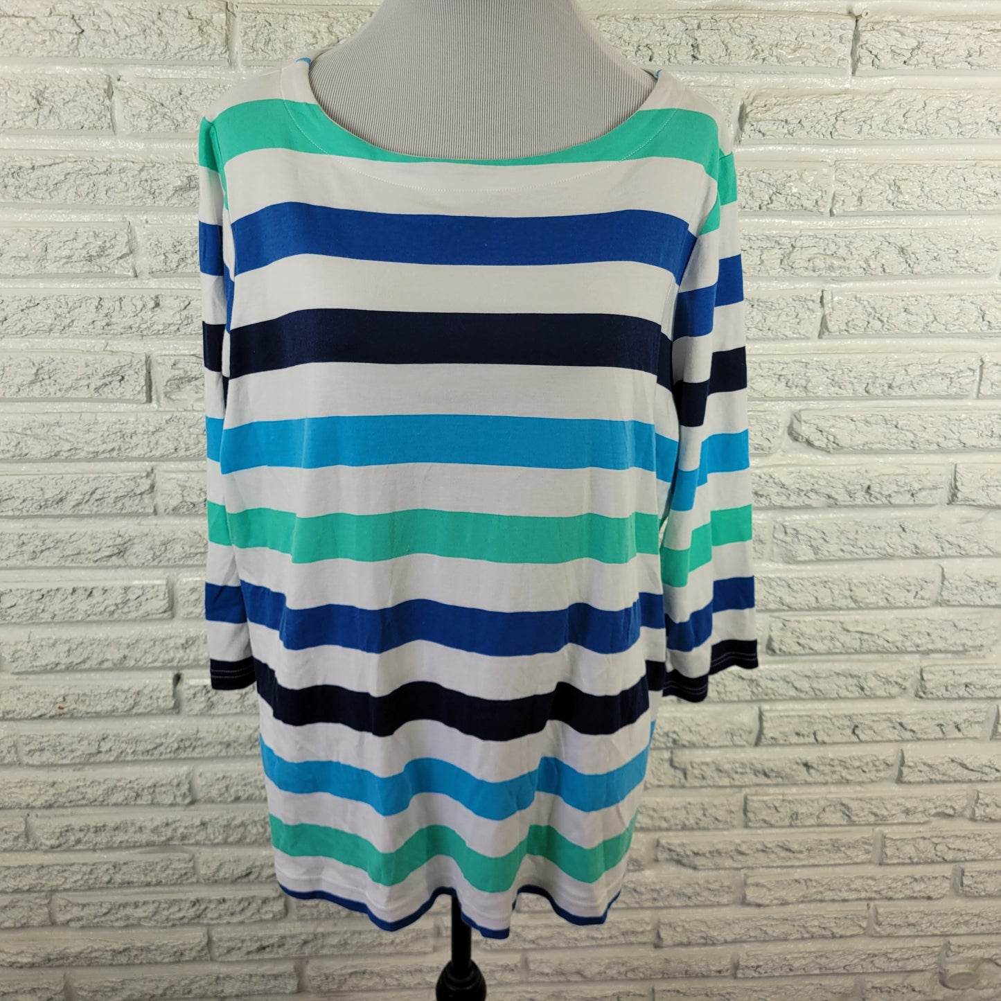 Croft & Barrow Womens 2X Top Blue White Striped 3/4 Sleeve Cotton Knit STR155E