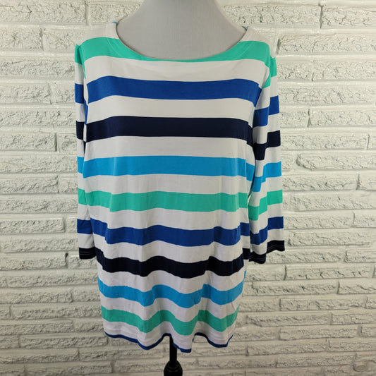 Croft & Barrow Womens 2X Top Blue White Striped 3/4 Sleeve Cotton Knit STR155E