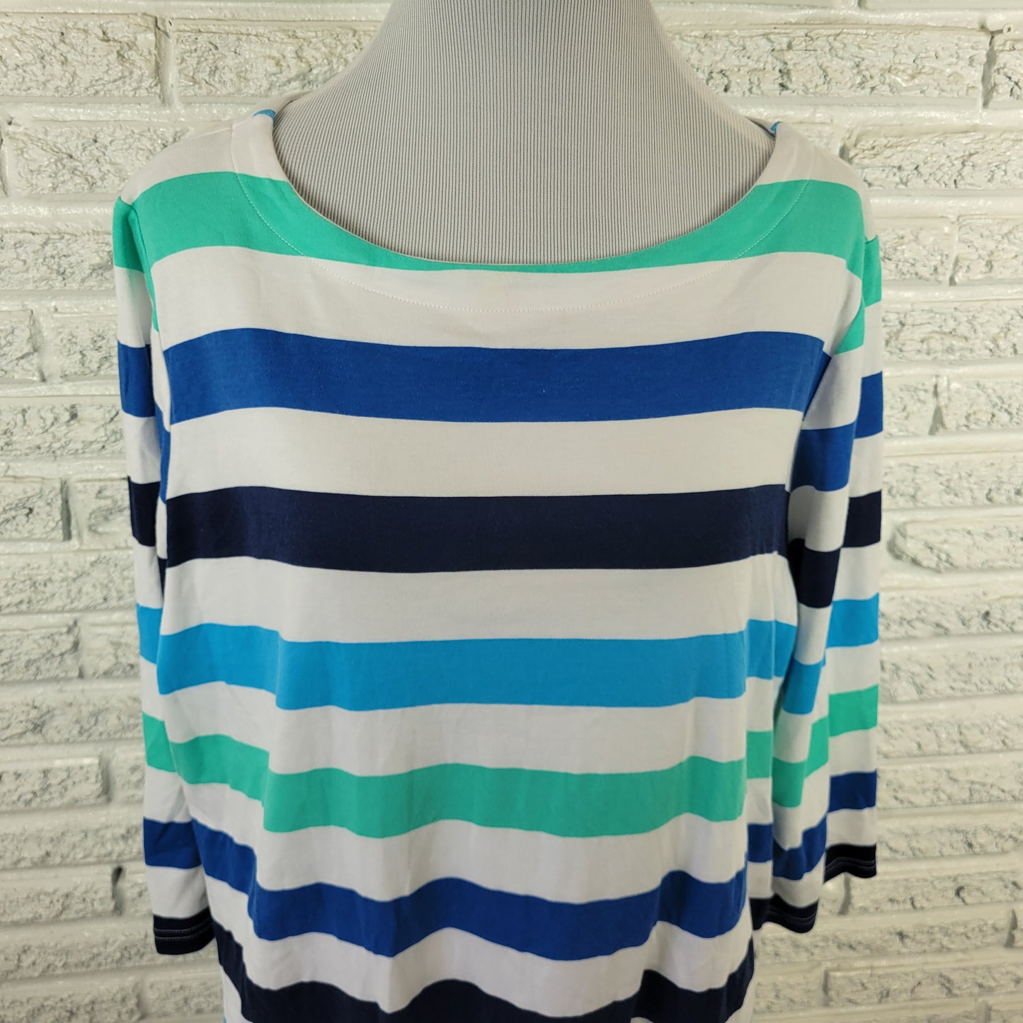 Croft & Barrow Womens 2X Top Blue White Striped 3/4 Sleeve Cotton Knit STR155E