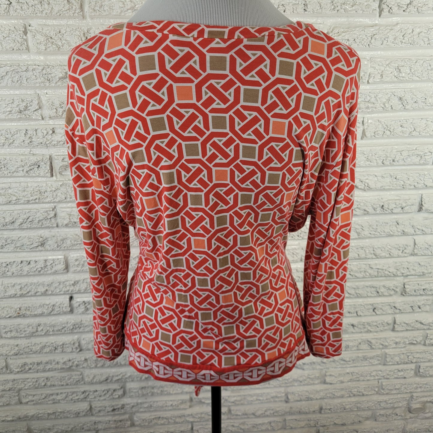 New York & Company Women's XL Top Red Tan Geometric V-Neck Belted GEO223E