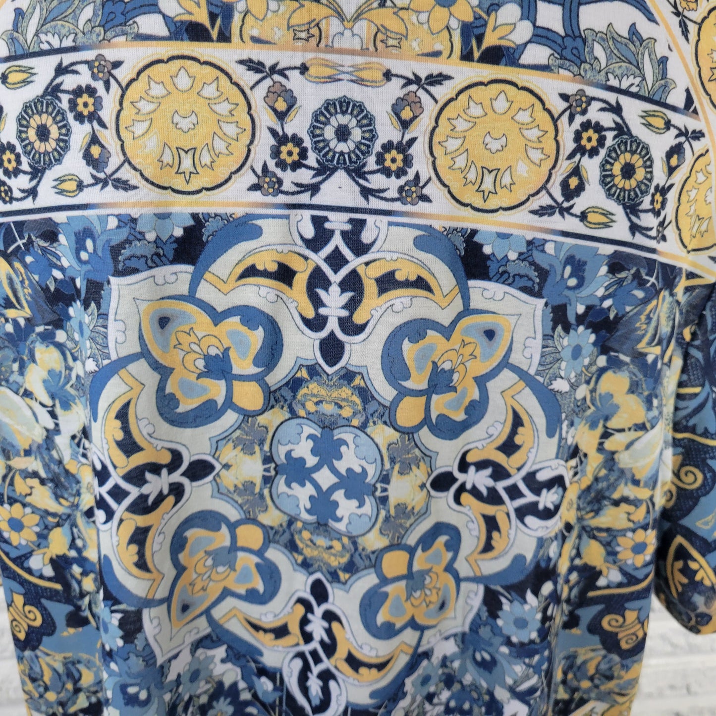 Catherines Womens 0X Top Blue Yellow Geometric Embroidered Studded FLO332E
