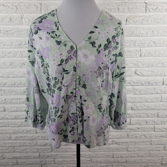 Liz Claiborne Women's PXL Top Green Purple Floral 3/4 Sleeve FLO331E