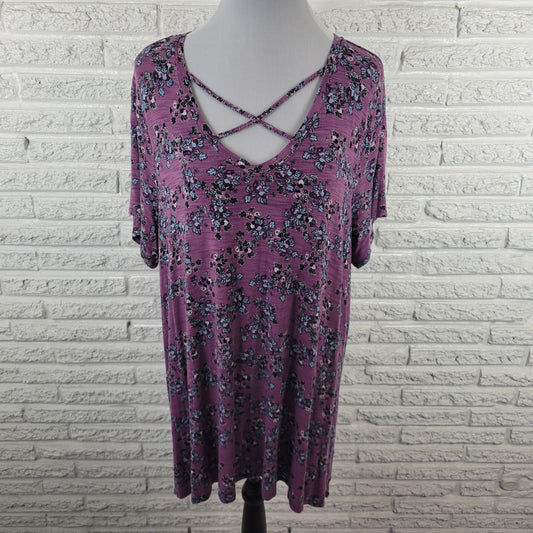 Avenue 22/24 Plus Purple Blue Floral V-Neck Keyhole Tunic Top Stretch FLO330E