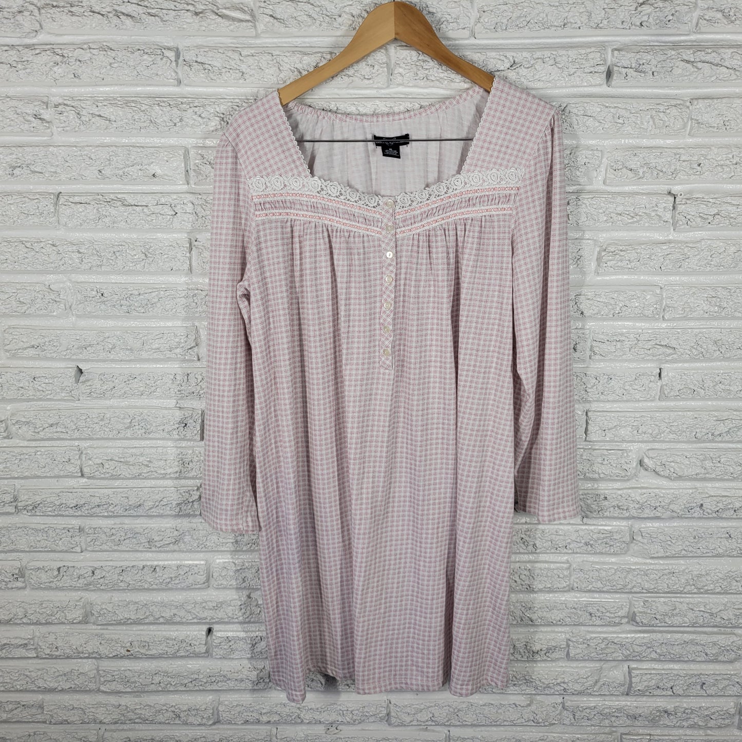 Earth Angels Women XL Pink Plaid Nightgown 3/4 Sleeve Cotton Lace PLA29XE