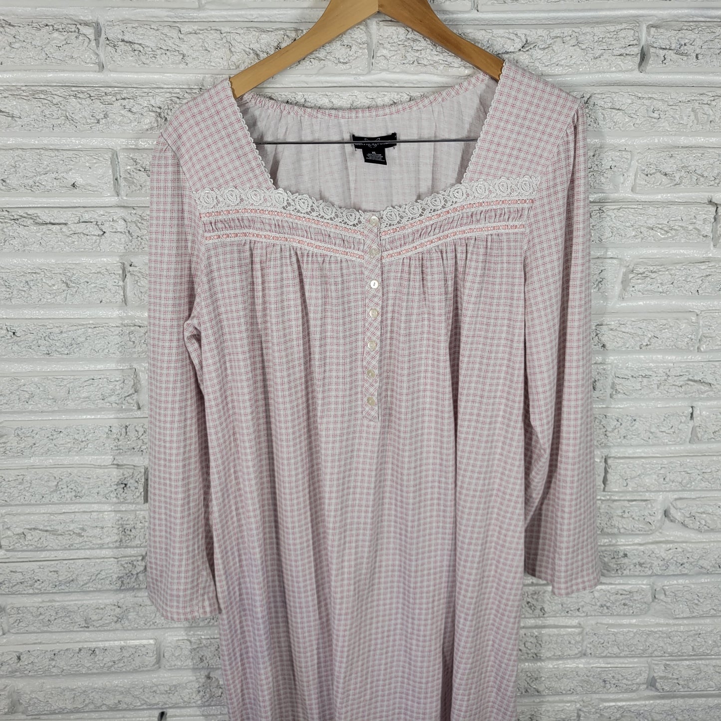 Earth Angels Women XL Pink Plaid Nightgown 3/4 Sleeve Cotton Lace PLA29XE