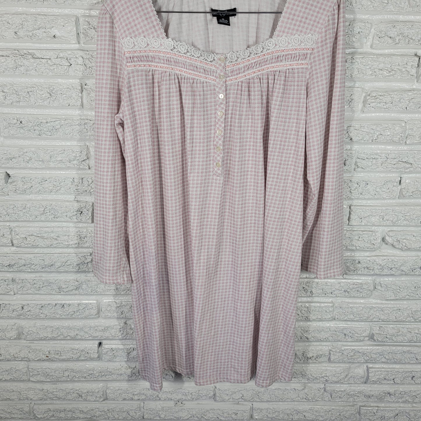 Earth Angels Women XL Pink Plaid Nightgown 3/4 Sleeve Cotton Lace PLA29XE