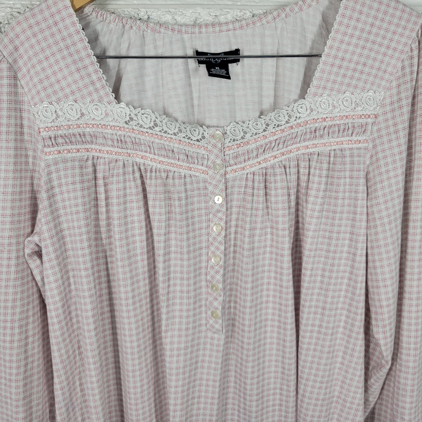 Earth Angels Women XL Pink Plaid Nightgown 3/4 Sleeve Cotton Lace PLA29XE