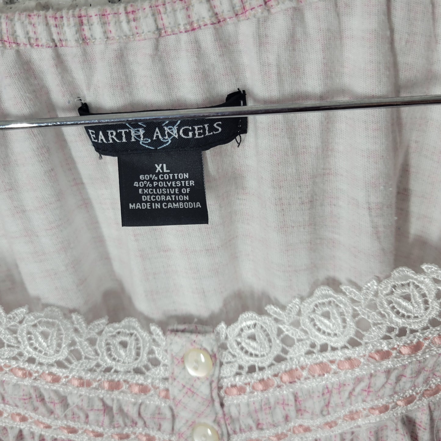 Earth Angels Women XL Pink Plaid Nightgown 3/4 Sleeve Cotton Lace PLA29XE