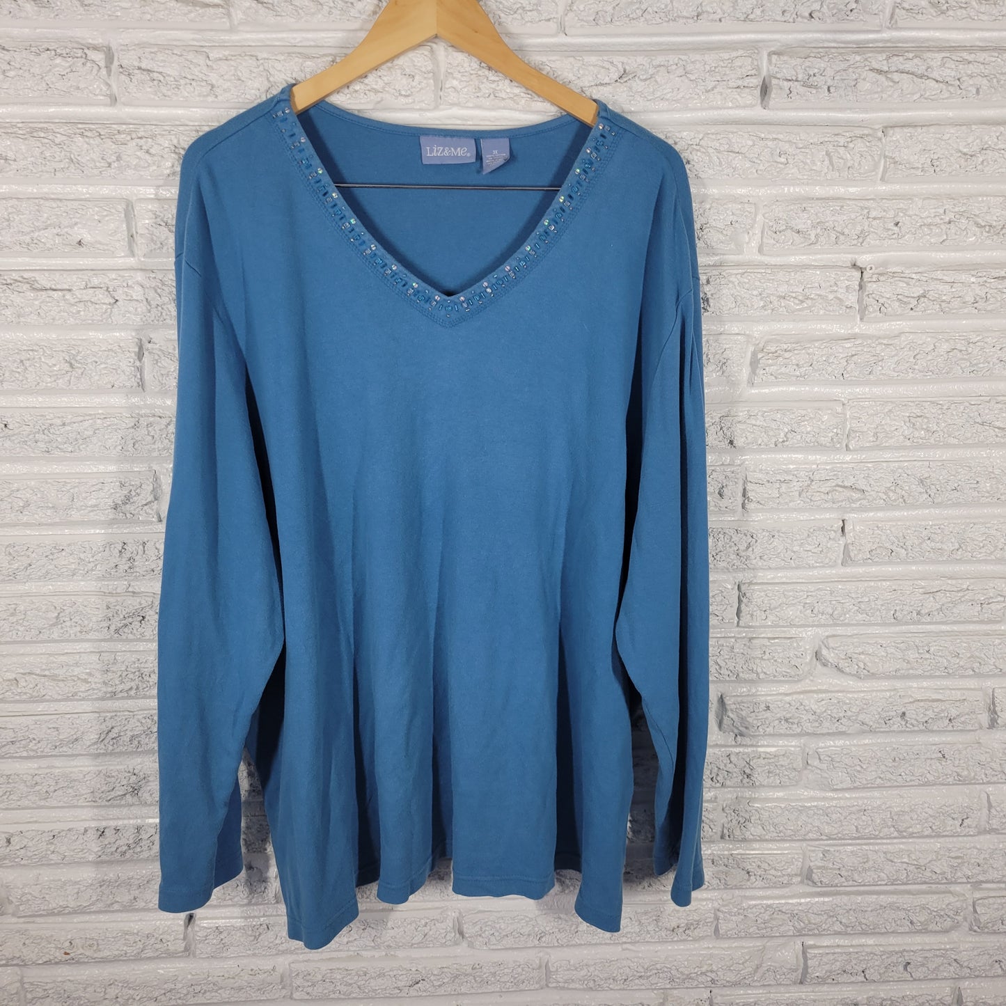 Liz & Me 3X Top Womens Blue Beaded Tunic 100% Cotton V-Neck Long Sleeve BLU238E