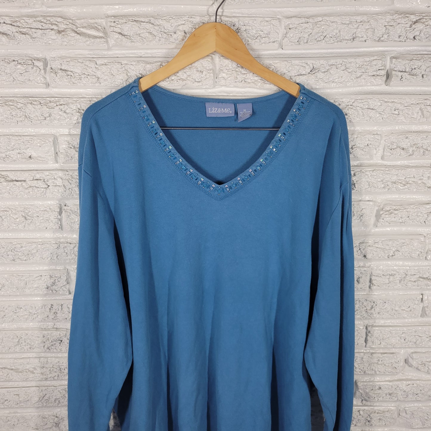 Liz & Me 3X Top Womens Blue Beaded Tunic 100% Cotton V-Neck Long Sleeve BLU238E