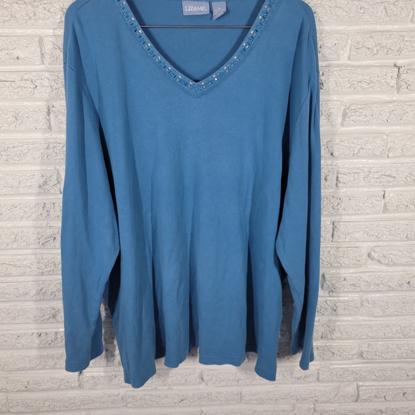 Liz & Me 3X Top Womens Blue Beaded Tunic 100% Cotton V-Neck Long Sleeve BLU238E